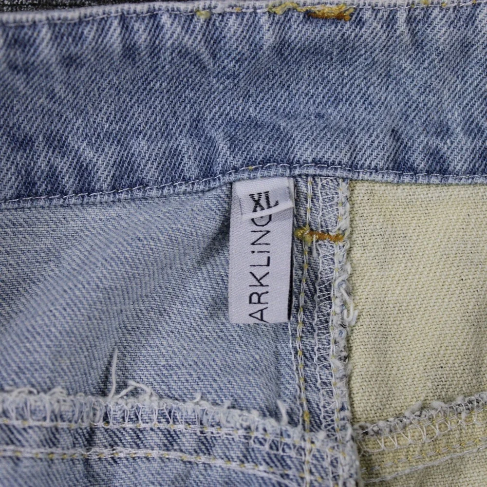 Arkling Womens XL Denim Mini Skirt Two Tone Leopard Print Blue‎ Light Wash Split